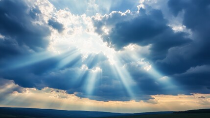 Light beams breaking through storm clouds, epic style, expansive sky with top copy space