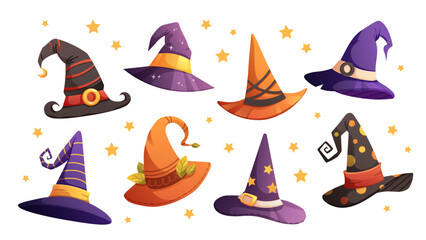 Set of wizard hats, witch hats. Cone hats, high headwear with metal buckles. Vector illustrations on white background