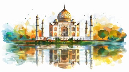Obraz premium Vibrant watercolor painting of the Taj Mahal, reflecting in water with warm colors and artistic splashes, representing India's beauty and heritage.