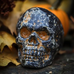 Gazing into the autumn abyss with a stone skull amidst fallen leaves