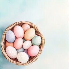 A wicker basket filled with pastel colored Easter eggs against a blue background.