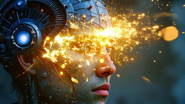 A detailed portrait of a woman with cybernetic implants, illuminated with glowing lights, symbolizing the fusion of human and machine in a futuristic world