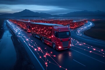 Truck fleet with GPS tracking, real-time logistics management, digital maps, efficient delivery routes. Generative AI