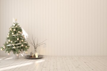White Christmas empty room with new year tree and nome decor. Scandinavian interior design. 3D illustration