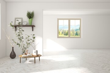 White empty room with summer landscape in window. Scandinavian interior design. 3D illustration