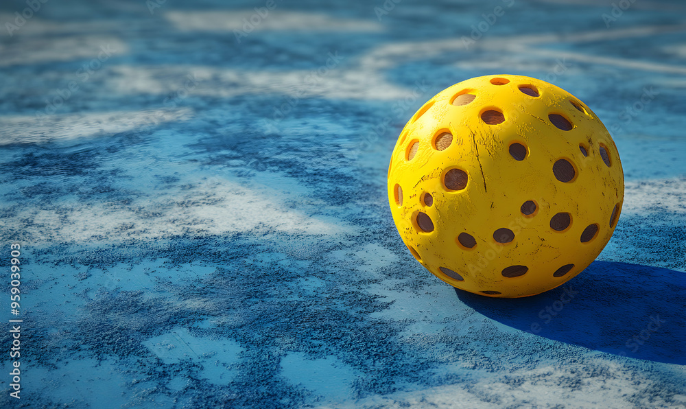 Wall mural a yellow sphere with holes rests on a blue textured surface.