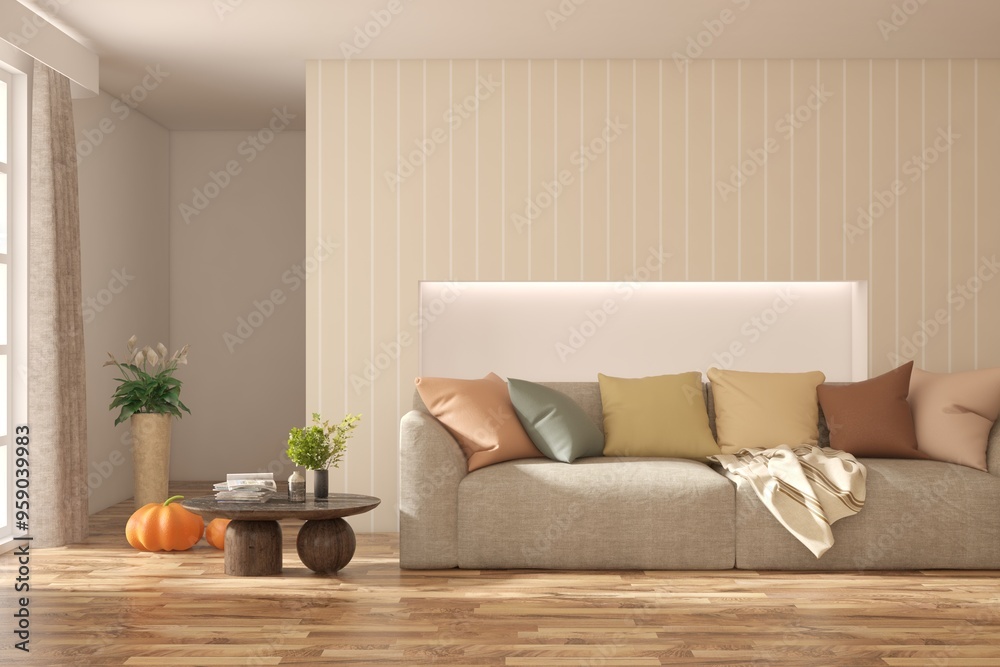 Wall mural Interior design of modern apartment. Interior mockup. Scandinavian interior design. 3D illustration