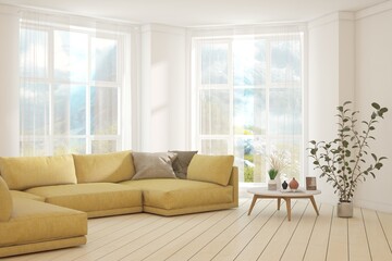 White living room with sofa and summer landscape in window. Scandinavian interior design. 3D illustration