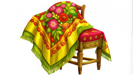 Colorful Pavlograd Shawl with Floral Patterns Draped Over Ornate Wooden Chair