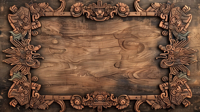 A rustic blank wood backdrop with a mesoamerican, mayan or aztec theme. Blank copyspace with ornate tribal wood carvings. Quetzalcoatl, Kukulkan, Tohil 