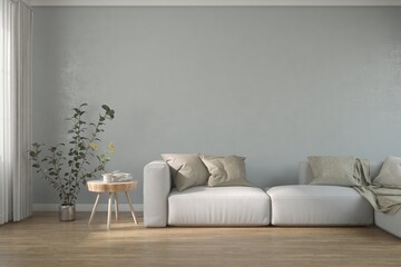 Blue living room with sofa. Scandinavian interior design. 3D illustration