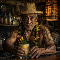 A  samoan bartender serves a delicious cocktail at a tropical Hawaiian tiki bar - Polynesian themed decor in the background - Bartender character with tribal tattoos in Hawaii , low light