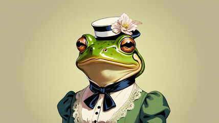 Stylish Anthropomorphic Frog, Fashion female frog in victorian style color dress on a solid color background with copy space, pop art style, digital art, trendy fashion animal Portrait illustration