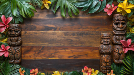 An antique wood tiki mask sign for a custom message or design element - rustic tropical background that allows for type and graphics - a border of tropical leaves, flowers and wood totems, sign, color