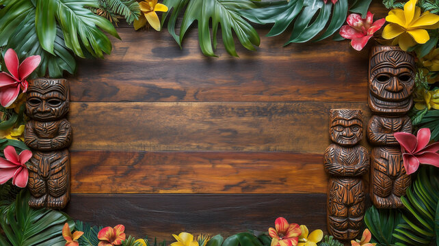 An antique wood tiki mask sign for a custom message or design element - rustic tropical background that allows for type and graphics - a border of tropical leaves, flowers and wood totems, sign, color