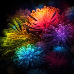 Glowing bacteria in a colorful array, working in harmony within the gut to maintain balance and health.