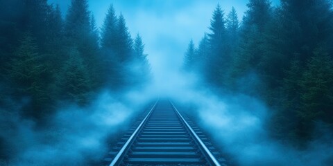 Fototapeta premium Unused train tracks that lead to a foggy forest tell the tale of nature taking back control.