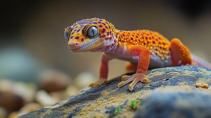 A vibrant gecko with orange and blue spots perched on a rock.