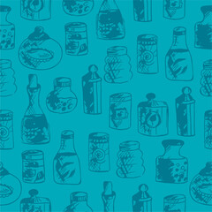 Seamless print pattern with jars and bottles with different food kitchen wallpaper background for textile, paper	
