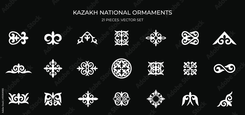 Wall mural Kazakh national ornament. Vector modern isolated element set. Asian floral abstract element of the national pattern.