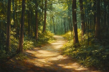 Fototapeta premium A Sunlit Path Winding Through a Lush Forest
