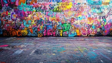 Vibrant urban graffiti wall with colorful street art, showcasing expressive and creative designs in an urban setting.