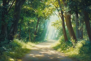 Sunlit Pathway Through Lush Green Forest