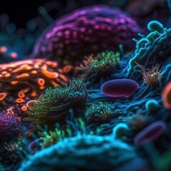 Obraz premium Glowing bacteria in a colorful array, working in harmony within the gut to maintain balance and health.