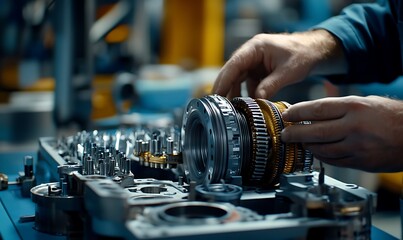 Close-up of a Mechanic Assembling a Complex Gear System