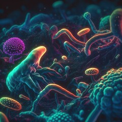 Obraz premium Glowing bacteria in a colorful array, working in harmony within the gut to maintain balance and health.
