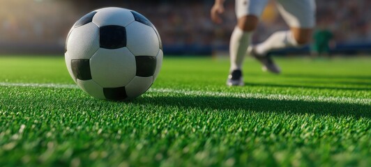 Fototapeta premium A close-up view of a soccer ball on vibrant green grass during a match at a stadium in the afternoon sunlight