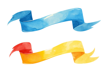Set of colorful watercolor ribbons isolated on transparent background. Yellow and blue color. Ribbon collection with copy space for design