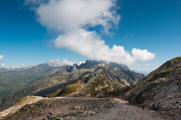 Panorama of alps. Extreme sports in mountains. High resolution photo. Ski, parasailing, climbing, alpinism.