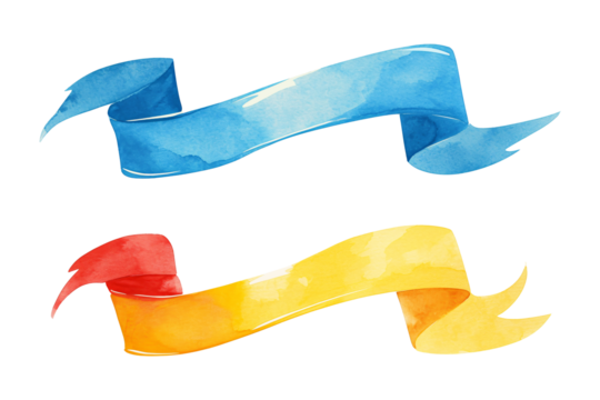 Set of colorful watercolor ribbons isolated on transparent background. Yellow and blue color. Ribbon collection with copy space for design