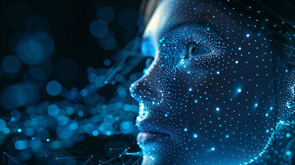 Obraz premium Captivating close-up of a woman's 3d render face, adorned with an array of glimmering dots and lines, creating a visually stunning technological and futuristic AI effect for a wallpaper background