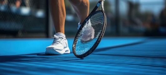 A player prepares to serve on a blue tennis court during an outdoor match in sunny weather, emphasizing focus and athleticism