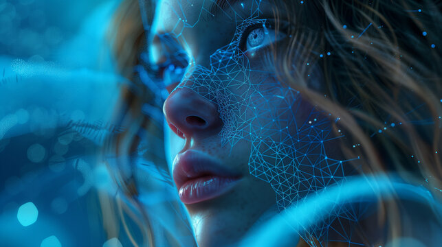 Captivating digital portrait of a young woman's face, adorned with a futuristic, glowing mesh overlay, conveying a sense of AI technology and connectivity. 3D render net of a cyborg girl