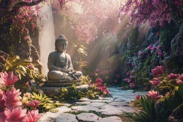 Tranquil Buddha Statue Amidst a Lush, Flower-Filled Garden