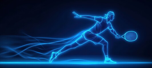 Dynamic tennis player in blue neon light serves on a dark background during a competitive match, showcasing speed and agility