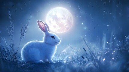Chinese Zodiac Rabbit with Moon Symbols: A rabbit depicted under a full moon, with lunar symbols and soft, mystical lighting, representing tranquility and reflection.
