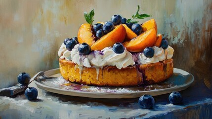 Oil painting depicting an olive oil cake dessert topped with grilled peaches blueberries and whipped cream