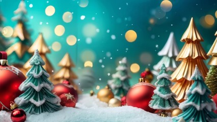 Obraz premium Festive Christmas background with Christmas trees and decorations, creating a festive mood, with a place to copy the text.