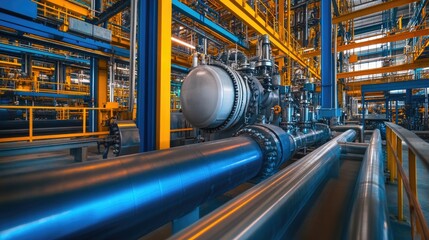 Obraz premium Industrial plant with steel pipes. This photo shows the complex network of pipes in a modern industrial facility.