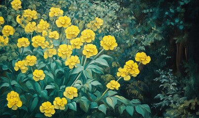 Yellow Euphorbia milli oil painting in a garden setting
