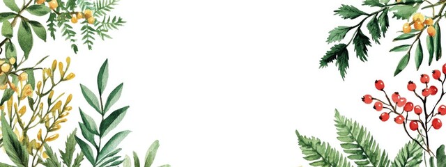 Fototapeta premium Elegant Watercolor Botanical Frame Featuring Lush Greenery and Vibrant Foliage for Nature-inspired Decor
