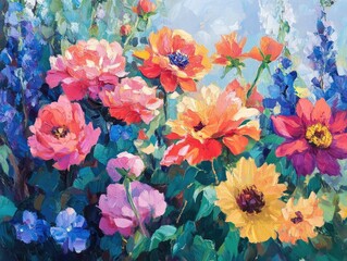 Fototapeta premium Oil painting showcasing vibrant flowers in full bloom celebrating the essence of floral beauty
