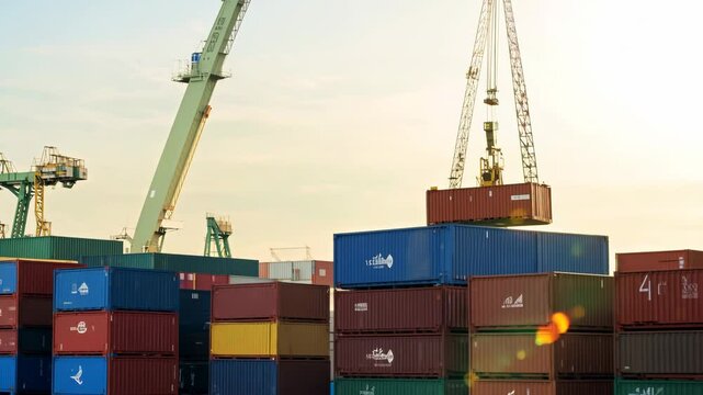 Port containers huge harbor cargo load container dock ship transportation crane unloading shipment international distribution export import trade sea ocean transport in the bay naval vessel rotterdam