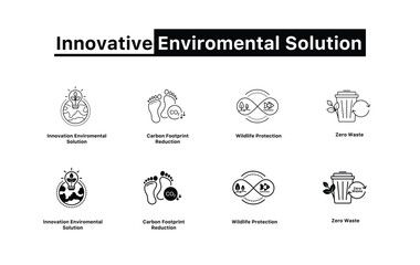 Vector icon set for innovative environmental sustainability concepts. This black-and-white icon set emphasizes eco-friendly initiatives such as carbon footprint reduction, wildlife protection, and zer