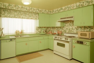 Fototapeta premium Retro Kitchen with Avocado Green Decor and Vintage Appliances in Mid-Century Modern Style