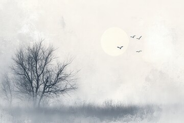 A lone tree silhouette against a white sky with a bright orb and flying birds
